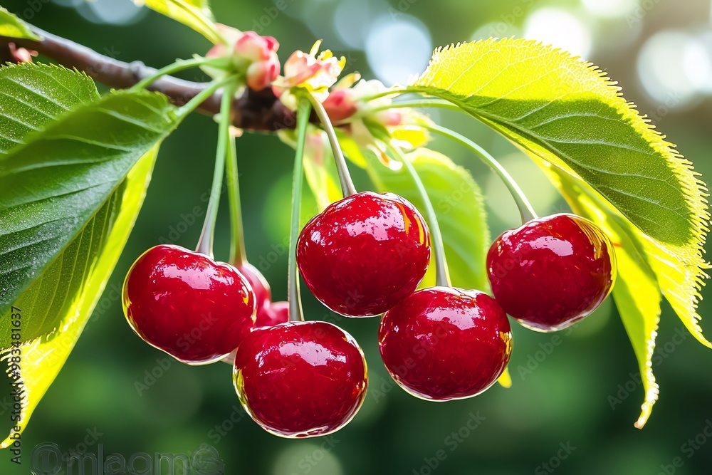 Poster Red cherry on a tree branch, with sunlight filtering through the green leaves, creating a dappled light effect
