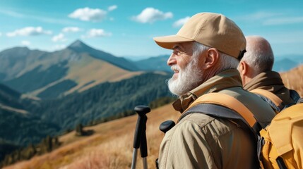 Fototapeta premium An elderly man with a white beard wearing a cap and backpack, hiking with trekking poles in a scenic mountain landscape
