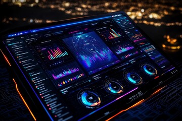Obraz premium Futuristic analytics dashboard, showing real-time data feeds, charts, and graphs in a glowing, high-tech design