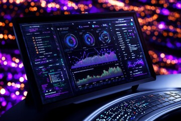 Fototapeta premium Futuristic analytics dashboard, showing real-time data feeds, charts, and graphs in a glowing, high-tech design