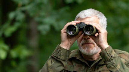 Mature man with grey hair and beard wearing camouflage while using binoculars in a dense forest, observing nature closely..