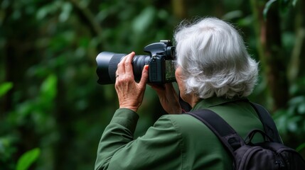 Fototapeta premium Senior woman with grey hair and a green jacket photographing nature in a forest using a DSLR camera, capturing wildlife and landscape.