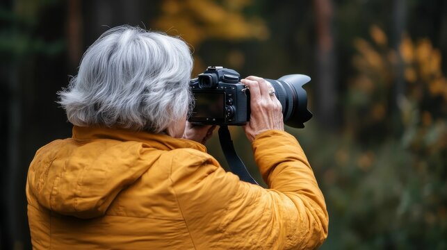 Senior woman with grey hair wearing a yellow jacket, photographing the autumn forest with a DSLR camera, capturing nature and wildlife..