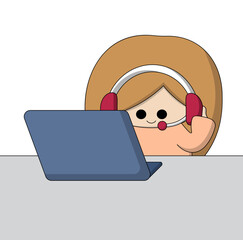 Cute cartoon Girl sitting at laptop and in headphones in color