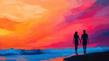 Obraz premium Silhouette of a couple holding hands walking along the beach at sunset, with a vibrant sky filled with shades of pink, orange, and purple..