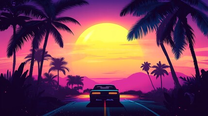 A vibrant sunset scene with a car on a road surrounded by palm trees.