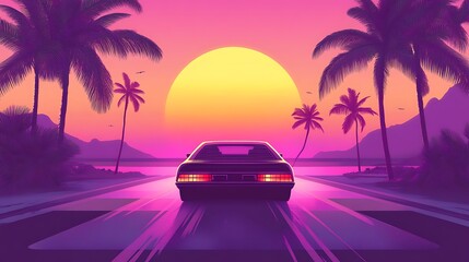 A retro car drives towards a vibrant sunset with palm trees, evoking nostalgia and adventure.