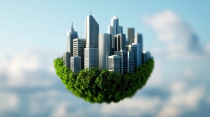 Obraz premium A futuristic city floats in the sky, featuring skyscrapers and greenery, symbolizing modern sustainable urban development and innovation..