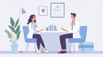 Two Doctors in White Coats Having a Discussion in a Medical Office