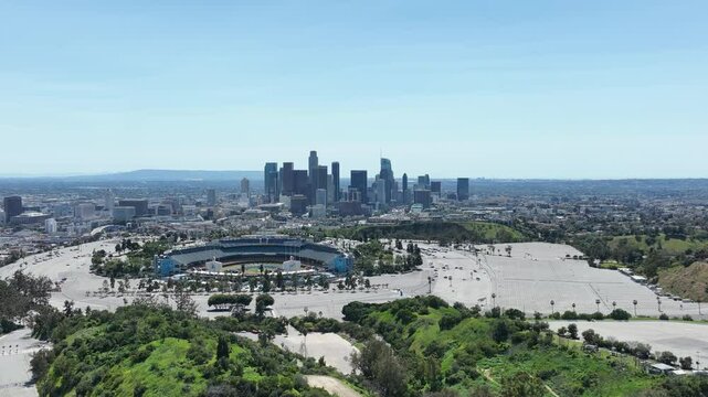 Los Angeles Downtown from Elysian Park Dodgers Stadium Aerial Shot Telephoto L in California USA