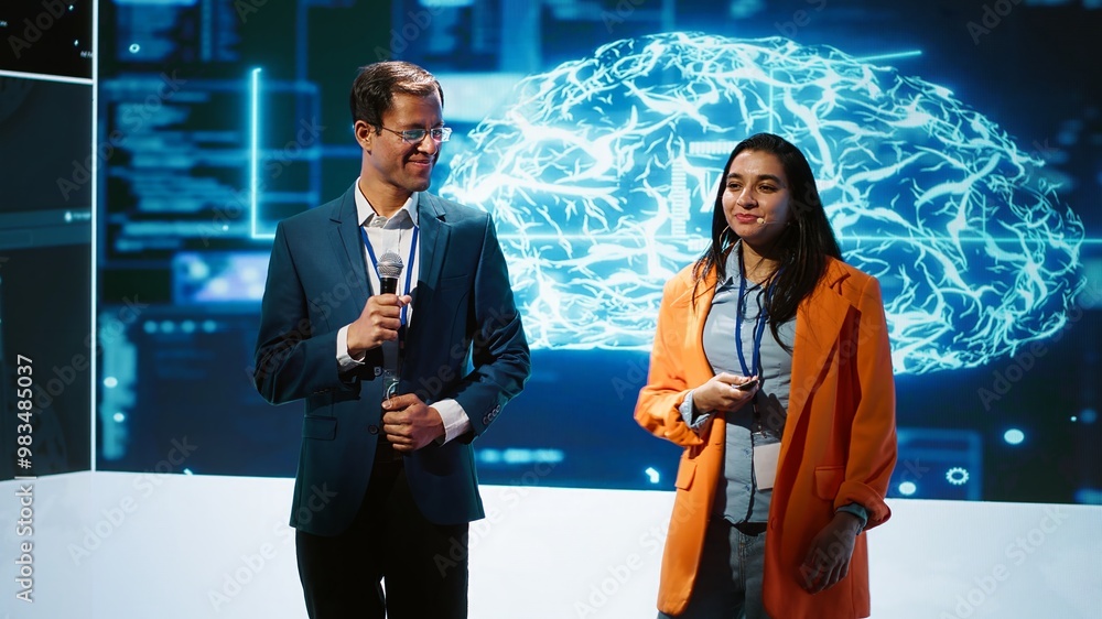 Poster upbeat presenter inviting engineer on stage during global it conference to talk about subjects such 
