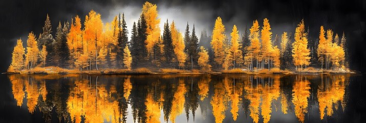 Golden trees reflected in lake on black sky background. Modern canvas art with golden yellow forest