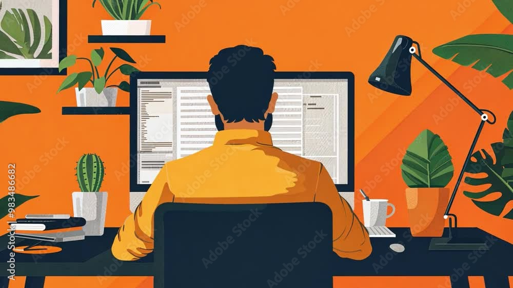 Poster A person is seated at a desk facing a computer while working in a vibrant orange room filled with various plants, creating a lively and inspiring atmosphere.