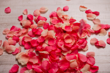 Romantic rose petals scattered across a wooden surface, setting the mood for love and celebration.