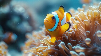 Clownfish (Amphiprion bicinctus), also known as Two-banded anemonefish, swimming in vibrant coral reefs of the Red Sea. Ideal for marine life, underwater, and ocean-themed visuals