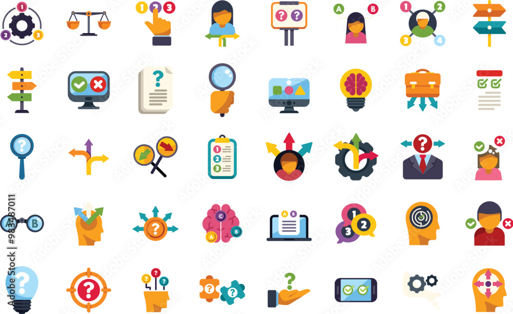 Poster diverse set of colorful icons representing the process of decision making, problem solving, idea gen