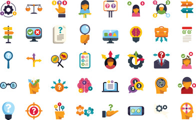 Diverse set of colorful icons representing the process of decision making, problem solving, idea generation, and solution finding