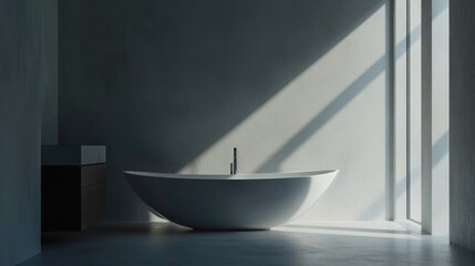 A minimalist bathroom with a freestanding bathtub and a floating vanity, featuring a sleek design