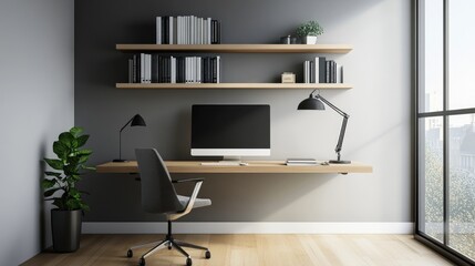 A minimalist home office with a floating desk and a wall-mounted bookshelf, featuring a minimalist aesthetic