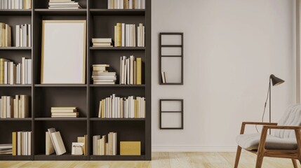 very high and long storage dark bookshelf with the book, picture frame and others decorations on every floors with minimal style, white background