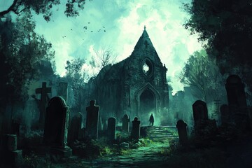 A lone figure approaches a crumbling stone church in a haunting, overgrown graveyard.