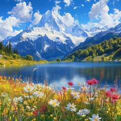 Vibrant Mountain Landscape with Colorful Wildflowers and Clear Lake