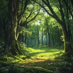 Naklejka premium Lush Green Forest Pathway with Sunlight