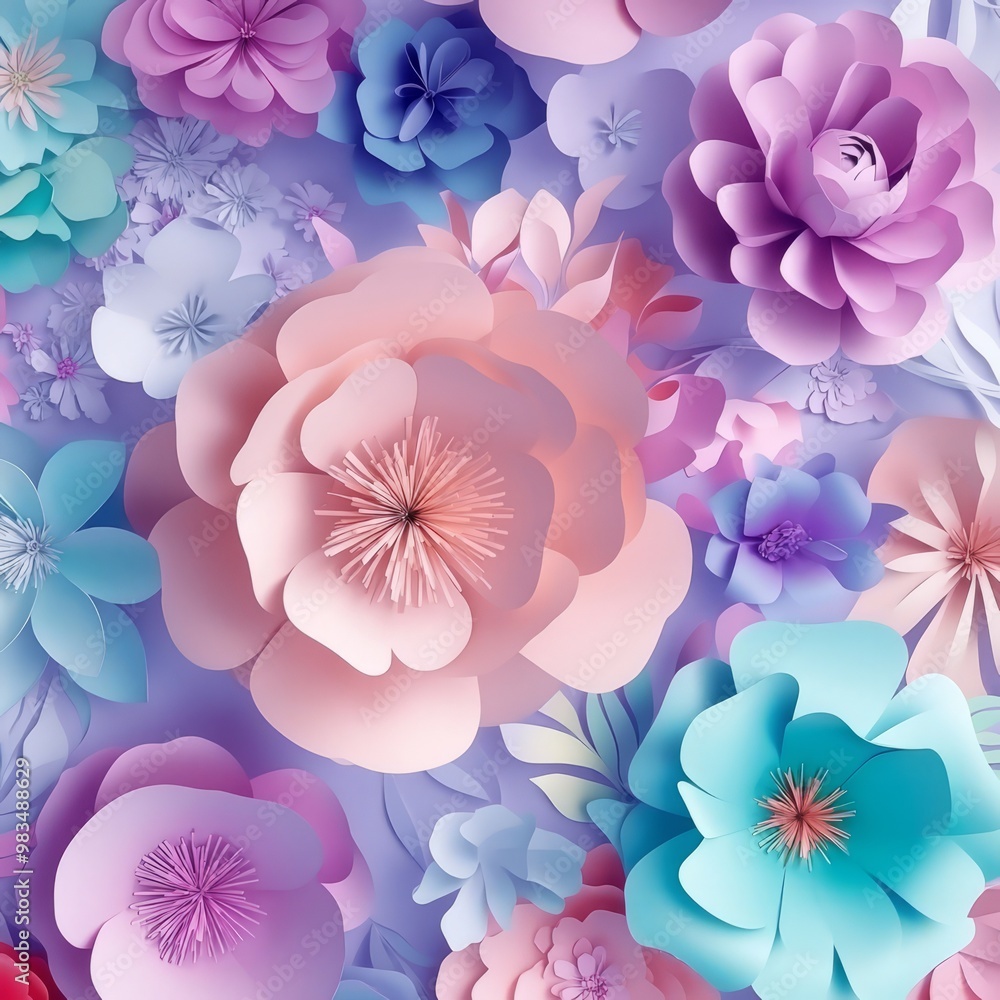 Wall mural colorful paper flowers on purple background