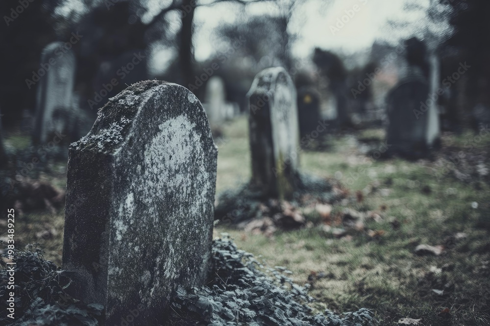 Wall mural A Weathered Gravestone in a Cemetery with Blurred Background