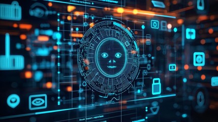 Face ID Log in Scan Digital interface with a rotating 3D facial recognition pattern, surrounded by data security icons, indicating secure login, no face, 3D illustration