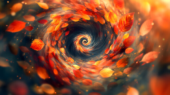 A whirlpool of leaves and petals, swirling in the wind, creating a hypnotic, colorful spiral