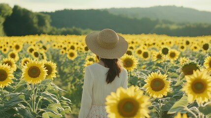 A woman in a straw hat walking through a field of sunflowers.