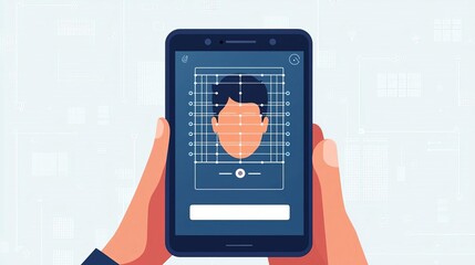 Face ID Log in Scan Face ID scanning animation with grid lines and dots on a smart device, secure access concept, no face, flat design illustration
