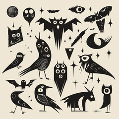 Fototapeta premium Minimalistic Hand-Drawn Creatures Vector Set: Abstract Birds, Bats, and Gothic Symbols in Monochrome Design