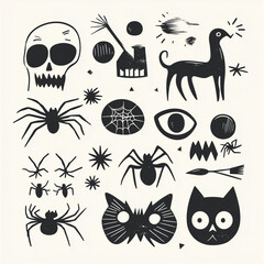 Obraz premium Minimalistic Hand-Drawn Halloween Vector Set: Skulls, Spiders, Webs, and Abstract Elements in Monochrome