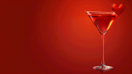 A martini glass with a red heart garnish on a red background.