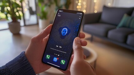 Face ID Log in Scan Hands holding a phone while the screen shows a facial recognition animation, illustrating the Face ID login process, modern tech setting, no faces shown