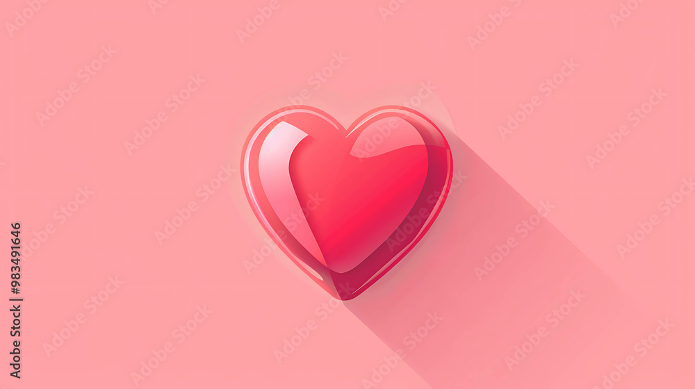 Wall mural a glossy red heart with a long shadow, on a pink background.