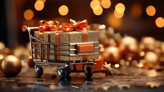 Christmas New Year shopping cart with gift holiday boxes with gifts, concept of Christmas online and offline shopping and purchasing