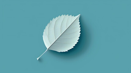 A single, light blue leaf sits on a light blue background. The leaf is simple and slightly off-center.