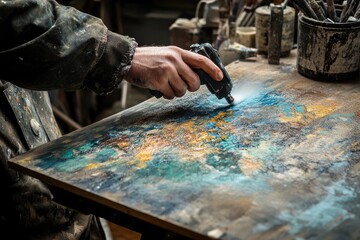 A man is spraying paint onto a canvas. The artist is using an airbrush to create a colorful abstract painting.