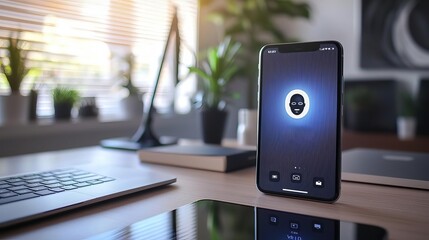 Face ID Log in Scan Smartphone placed on a desk with a digital face scan icon on the screen, indicating the initiation of Face ID login, sleek and minimalistic background, no faces