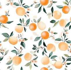 A vibrant pattern featuring oranges and blossoms on a white background, perfect for packaging, textiles, and seasonal designs, adding a fresh and lively touch to various creative projects,