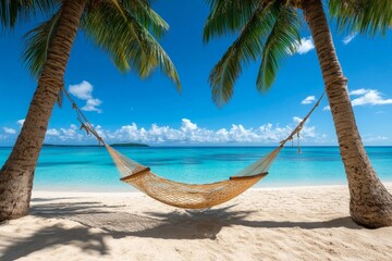 Fototapeta premium A hammock strung between two palm trees, overlooking a peaceful beach, symbolizing relaxation
