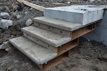 Concrete steps with rusted metal frame. This image shows a partially constructed set of steps, ideal for construction, home improvement, or DIY projects.