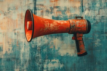 Rusty Red Megaphone Against Distressed Teal Background