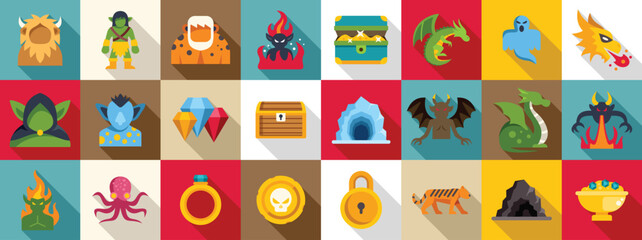Obraz premium Guard treasure icons set. Collection of fantasy role playing game icons showing heroes, monsters, treasures and magical items