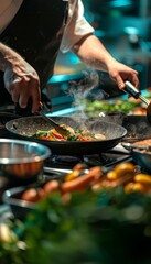 Chef skillfully creating an exquisite gourmet dish in a state of the art culinary kitchen