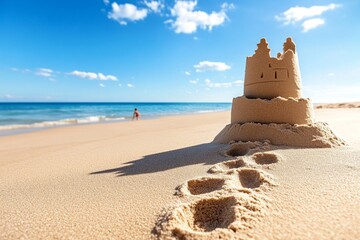 A sandcastle on the beach, with a childâ€™s footprints leading up to it, symbolizing summer fun