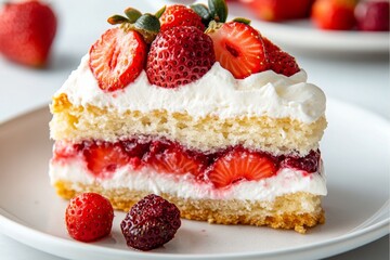 A slice of strawberry shortcake, topped with fresh cream and berries, looking irresistibly sweet